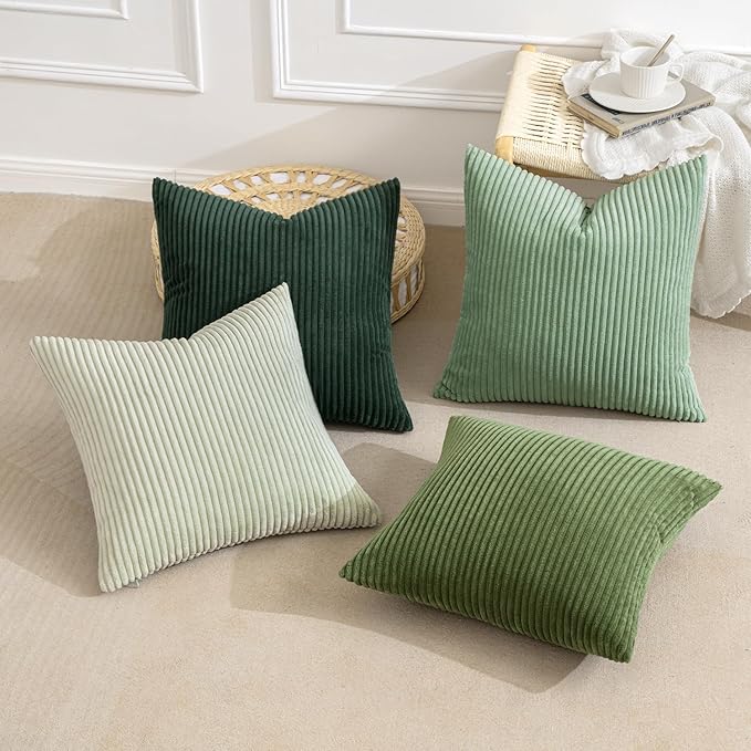 MIULEE Boho Farmhouse Sage Green Throw Pillow Covers 20x20 Inch Set of 4 Mordern Nordic Cushion Covers Soft Corduroy Spring Home Decor for Couch Bed Sofa Living Room Forest Green