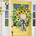 Spring Wreaths for Front Door 24 Inch Handmade Spring Summer Wreath with Artificial Sunflowers,Welcome Message Sign & Elegant Bow and White Yellow Daisy Wildflowers for Home,Porch&Gift Giving