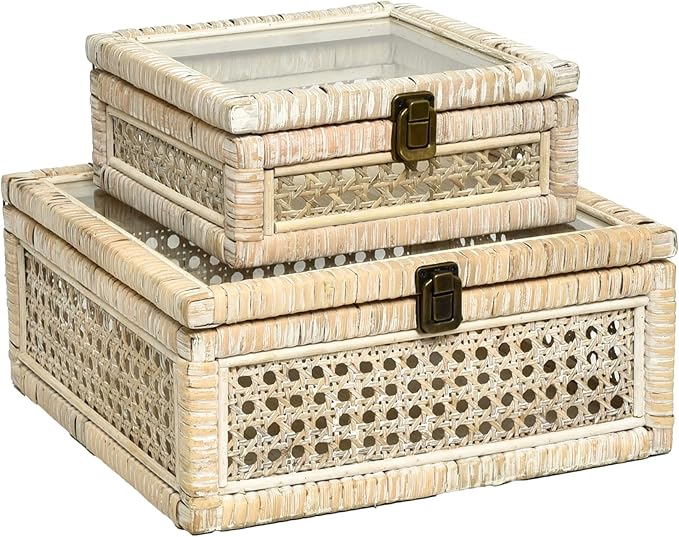 DECOR4SEASON Rattan and Cane Square Stacking Boxes with Glass Top Lid - Set of 2 for Boho, and Rustic Farmhouse Décor, White Wash