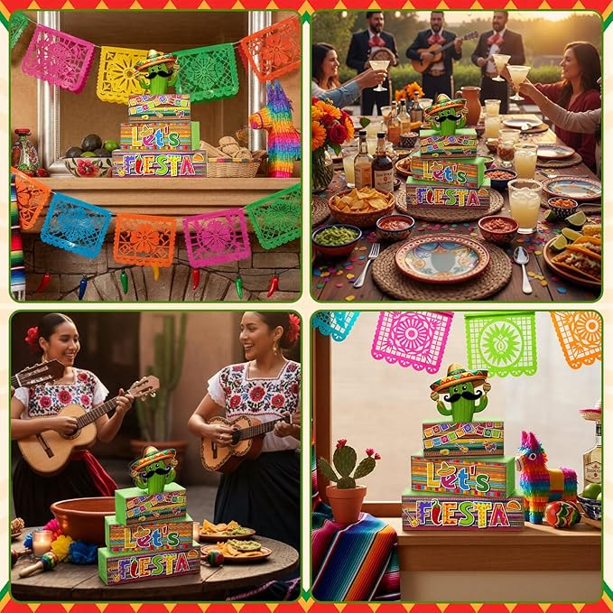 Yuntau 4 Pcs Mexican Fiesta Party Decorations Wooden Cinco De Mayo Tabletop Decor Lets Fiesta Tiered Tray Decor Rustic Wood Block Sign Gift Farmhouse Mexican Centerpieces Portable Shelf Home Office