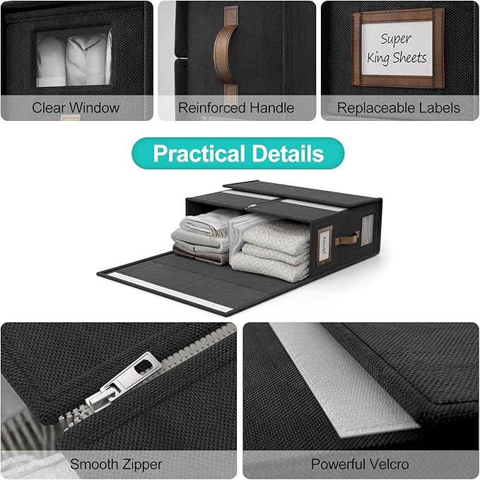 8 Pack Foldable Bed Sheets Set Organizers and Storage(Cal King Size),Linen Fabric Closet Organizers with Window,Folding Bedding Storage Box for Bedsheets and Pillow Cube Organizer-Black