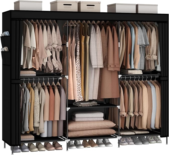 83" Closet Wardrobe, Portable Closet for Bedroom, Freestanding Clothes Rack with Non-Woven Fabric Cover, 5 Hanging Rods, 6 Storage Shelves, Clothes Storage Organizer, Black