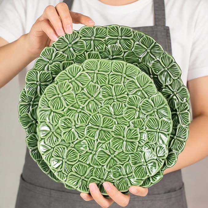 KAMMAK Ceramic Decorative Plate Set of 2, Porcelain Plates for Kitchen Dining Room Wine Cabinet Home Decor, Vintage Collector Plates with 2 Display Stand, Green flowers (8-inch + 10-inch)