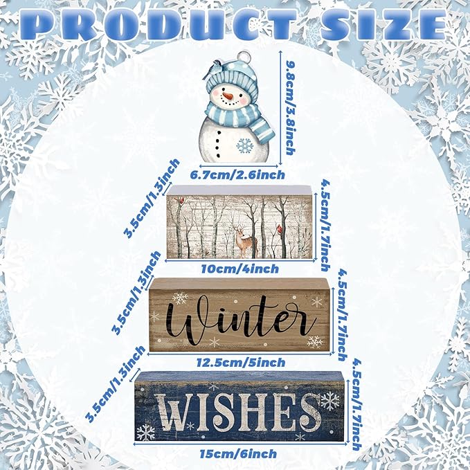 Lineshading 4 Pcs Snowman Christmas Table Decorations Blue and White Wooden Snowman Stacked Block Sign Gifts Winter Tiered Tray Decor Rustic Winter Table Centerpiece Farmhouse for Home Kitchen Shelf