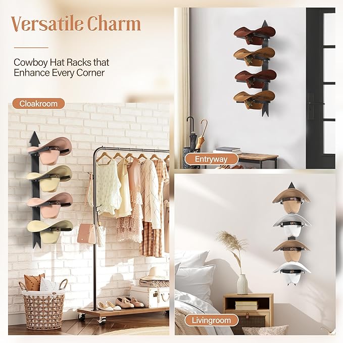 Cowboy Hat Rack for Wall, Cowboy Hat Holder Wall Mount Holds up to 4 Hats, Wooden Western Rustic Metal Hat Hanger with Arrow Sign Board, Hat Organizer for Western Hat, Fedora, Sun Hats