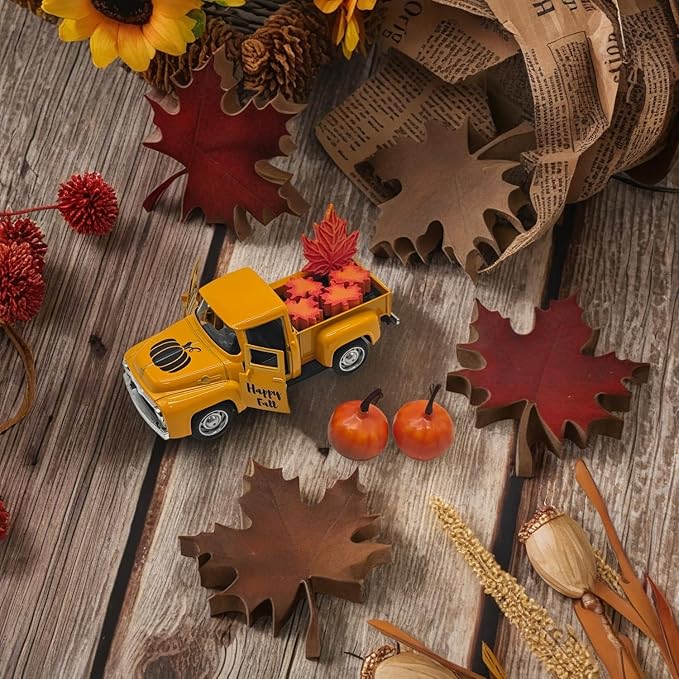4.9″ Mini Fall Vintage Metal Pumpkin Truck Decor with Pumpkins and Maple Leaves - Fall Rustic Farmhouse Style Table Centerpiece, Thanksgiving & Autumn Havest Tiered Tray Decoration for Home Kitchen