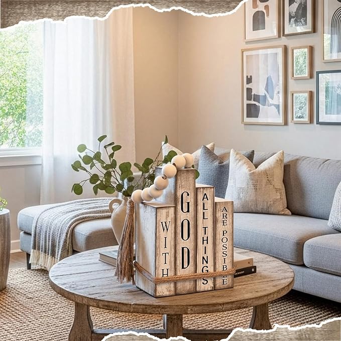 Lineshading 4 Pcs Christian Table Decor Wooden Book Stack Decor with God All Things are Possible Farmhouse Centerpiece with Beaded Garland Tassel Christian Home Decorations for Office, Shelf, Gift