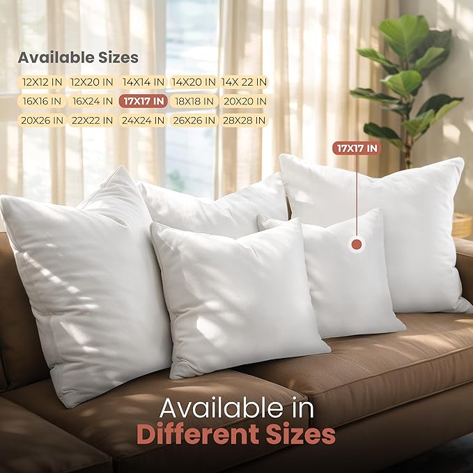 Utopia Bedding 17x17 Pillow Inserts, Set of 2, White – Indoor Decorative Throw Pillows for Bed, Sofa & Couch – Soft, Supportive & Fluffy Cushion Inserts