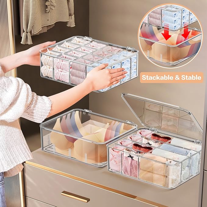 2pcs Sock Underwear Organizer, Sunoyar 16 Compartment Adjustable Dividers Tie Bras Socks Underwear Drawer Organizers for Closet, Clear Plastic Storage Containers Box with Lids for Ties Bra Scarf Socks