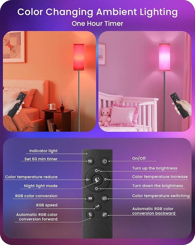 Dimmable Floor Lamp for Living Room with RGB Colors, Color Changing Ambient Lighting, Corner Standing Lamp for Bedroom - Remote, Foot Switch, Timer, Warm Cool White, 10W Smart Bulb Included RE06LD05W1