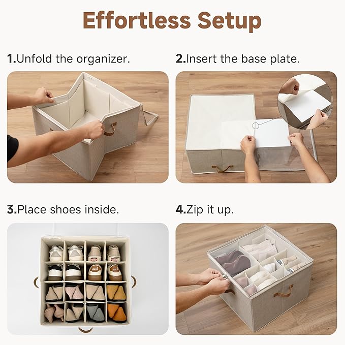 StorageWorks 2 Pack Shoe Organizer for Closet, Foldable Shoe Storage Box with Adjustable Dividers, Shoe Boxes Organizer for Entryway, Closet Shoes Organizer for Sandals, Sneakers, Fits 32 Pairs, Taupe