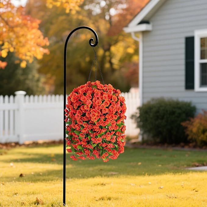 Artificial Faux Hanging Flowers Basket for Fall Outdoor Porch Decor, Fake Silk Colorful Morning Glory Eucalyptus in Planter UV Resistant Look Real for Home Balcony Yard(Orange)
