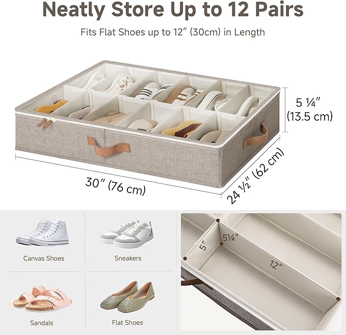 StorageWorks Shoe Organizer for Closet, Fits up to 24 Pairs, 2-Pack Ultra-thick Fabric Under Bed Shoe Storage Containers with Bottom Support and Adjustable Dividers, Taupe