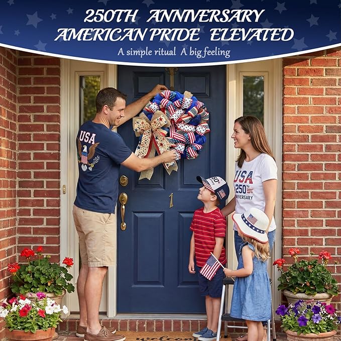 250th Anniversary Patriotic Wreaths for Front Door, 24 Inch Large 4th of July Decorations, Handcrafted Ribbon Burlap Bow, Red White and Blue Memorial Day Wreath with Lights & Storage Bag
