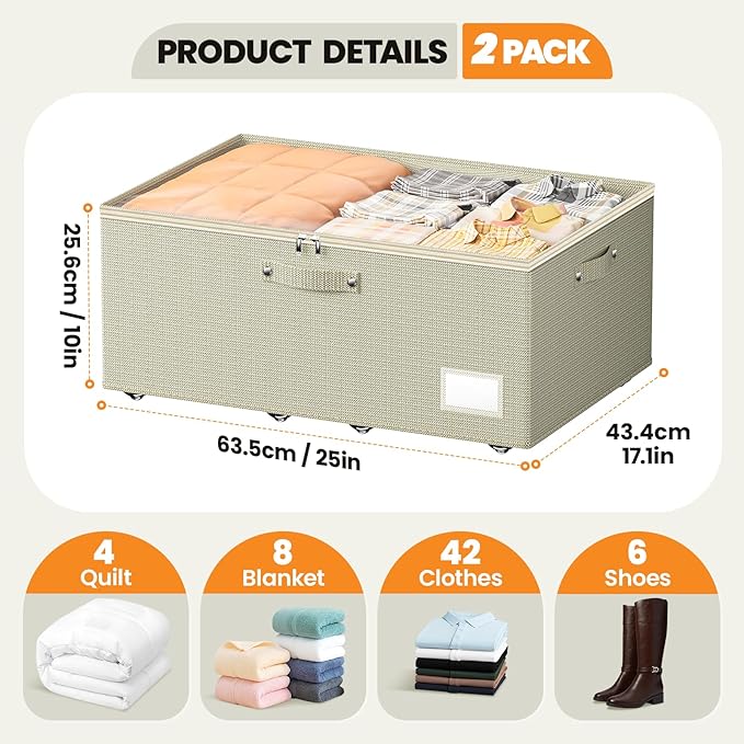 Dayacoco Underbed Storage with Wheels, 2 Pack Under Bed Storage Containers with Clear Lids, No Assembly Required 10.1 inch Rolling Under Bed Storage for Clothes, Beige