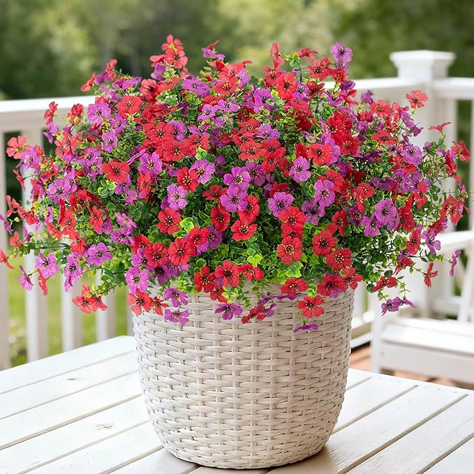 Artificial Fake Flowers Plants for Outdoor Spring Decor, 12 Bundles Faux Silk Flowers for Outdoor Outside Planter Colorful Daisy UV Resistant Look Real for Front Door Porch Patio Yard(Red Purple)