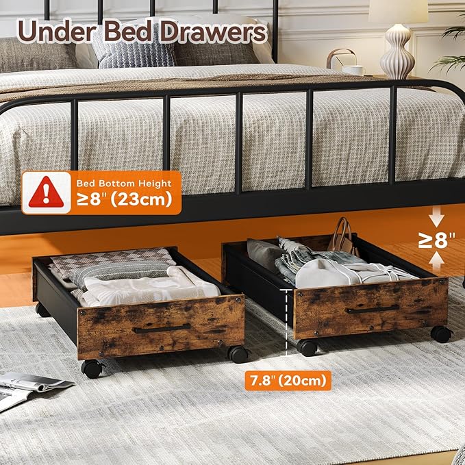 Under Bed Storage with Wheels, Wooden Under Bed Drawers On Wheels, Rolling Under Bed Shoe Storage, Space Saving, Rustic Brown,30L