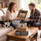 Lineshading 4 Pcs Farmhouse Table Decor Vintage Wooden Black Cat Stacked Sign - "Cats Welcome, People Tolerated" Funny Rustic Tiered Tray Decor for Animal Lovers, Home, Room, Cat Cafe Decorations