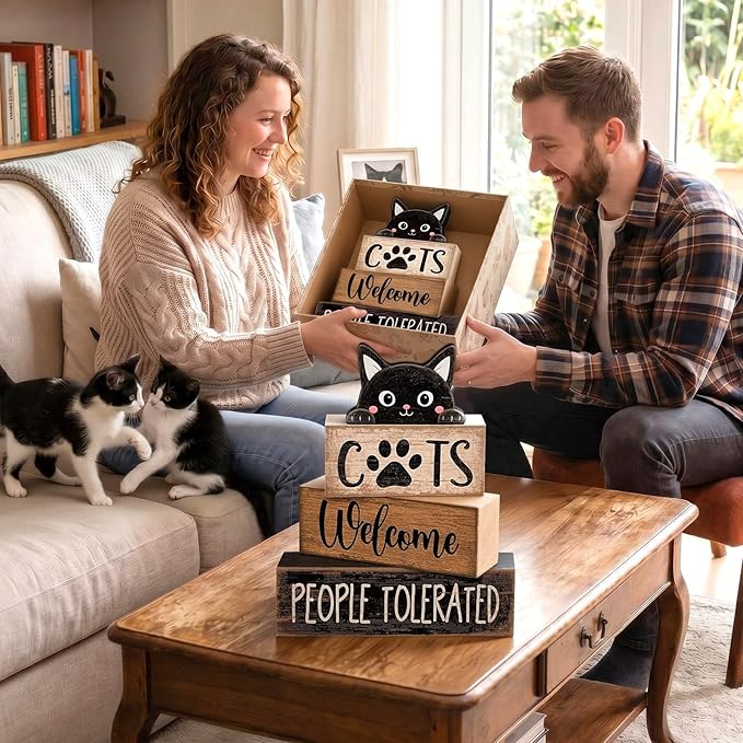 Lineshading 4 Pcs Farmhouse Table Decor Vintage Wooden Black Cat Stacked Sign - "Cats Welcome, People Tolerated" Funny Rustic Tiered Tray Decor for Animal Lovers, Home, Room, Cat Cafe Decorations