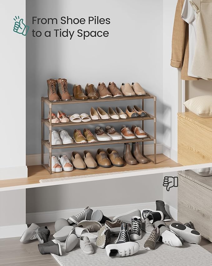 SONGMICS Shoe Rack, 3-Tier Shoe Organizer, Metal Storage Shelf, Upright or Upside Down, for 16-20 Pairs, Stackable, for Entryway, 11.8 x 36.2 x 21.7 Inches, Walnut Brown ULSA303K01