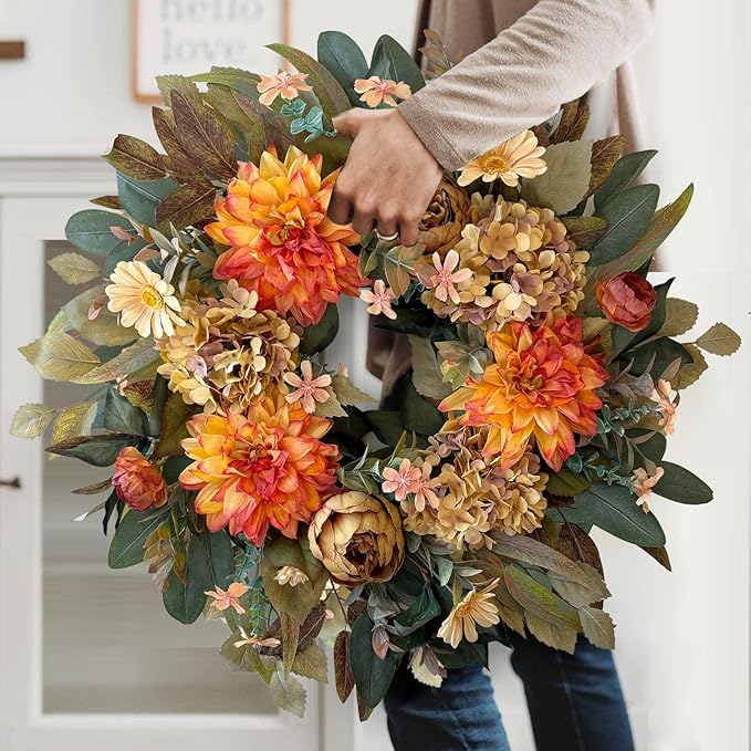 WANNA-CUL 24 Inch Spring Fall Wreaths for Front Door,Fall Wreath with Orange Hydrangea&Peony and Dahlia -Fall Decoration for Home-Fall Decor Door Wreath for Valentines Day,Mothers Day,Autumn,Harvest