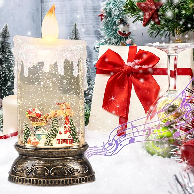 Wondise Rechargeable Musical Santa Claus Snow Globe Lantern with 6H Timer, Battery Operated USB Powered Lighted Singing Snow Globe Lamp Spinning Water Swirling Glitters Holiday Decor