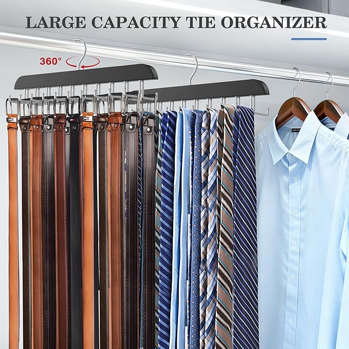 Tie Rack Hanger for Closet 20 Foldable Hooks, 2 Pack Wooden Non Slip Large Capacity Space Saving Tie and Belt Organizer with 360°Rotating Hooks for Tank Tops Bras Scarves Hat