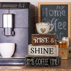 Moucuny 4 Pcs Farmhouse Coffee Bar Sign Decor Wooden Cup Rise & Shine It's Coffee Time Rustic Wood Cafe Sign Gift for Home Kitchen Tabletop Decor