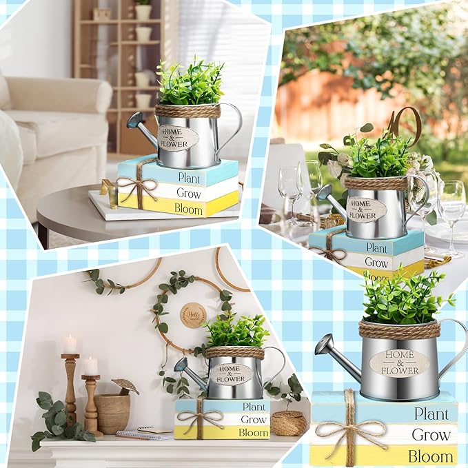 Wesiti 4 Pcs Spring Table Centerpieces Decorations Farmhouse Tiered Tray Decor Kettle Eucalyptus Fake Book Stack Decor Spring Decoration for Home Wooden Block Sign for Desk Tabletop Shelf Indoor