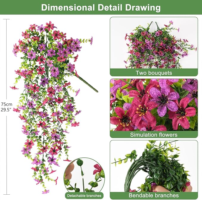 Artificial Fake Hanging Flowers Plants for Outdoor Spring Decoration,2 PCS Faux Silk Daisy with Eucalyptus Leaves,UV Resistant Look Real for Outside Home Indoor Planter Porch Patio Balcony Yard Decor