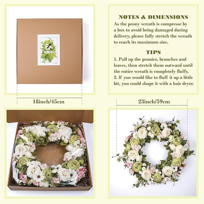 Peony Wreath 23'' Spring Wreaths for Front Door, Artificial Large Floral Wreath for Front Door Wall Decor, Valentine’s Day Home Wedding Housewarming Gift EZsenses (Green)