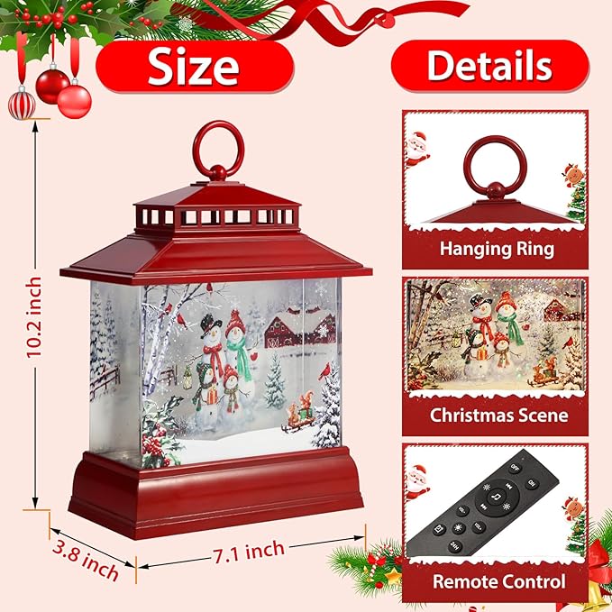 Christmas Snow Globe Lantern Water Glittering Lantern with 8 Songs & 6H Timer Romote Control Christmas Snow Globes USB & Battery Operated for Christmas Festival Decorations Gifts (Snowman Family)