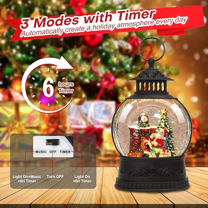 Christmas Snow Globe Water Lantern with Timer and Music, USB and Battery Operated Lighted Led Globe, Santa Snowglobe Table Decorations Indoor for Adults Home Holiday (Santa)