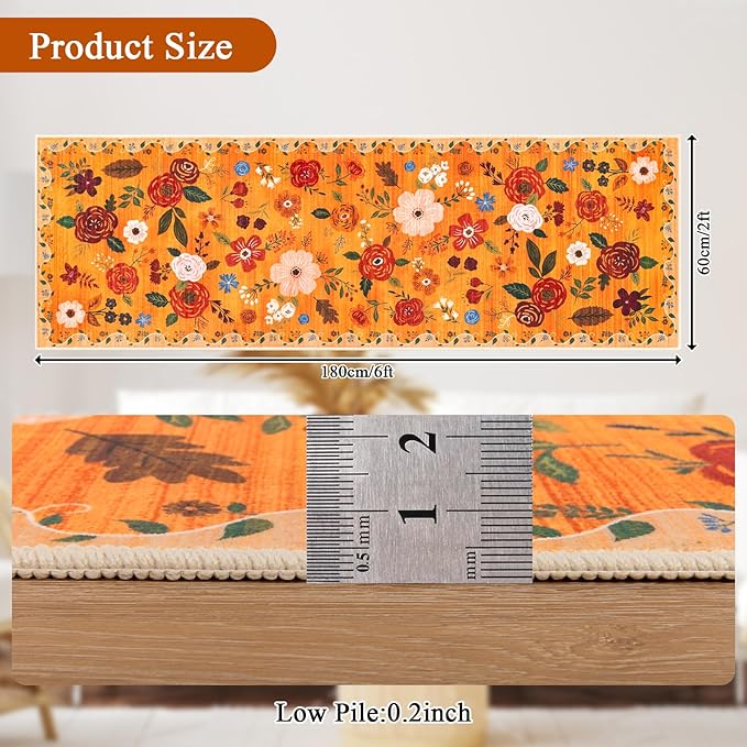 U'Artlines 2'x6' Fall Boho Runner Rug for Hallways Kitchen Colorful Floral Soft Non Slip Washable Floor Carpet Runners for Entryway Laundry Room Bathroom Orange