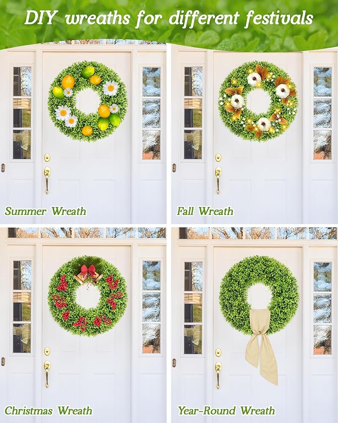 Vlorart 23 Inch Large Boxwood Door Wreaths for Front Door All Season, Artificial Spring Summer Green Wreath with Sash & Bow, Front Door Wreaths for Indoor Outdoor Porch Wall Window Farmhouse Decor