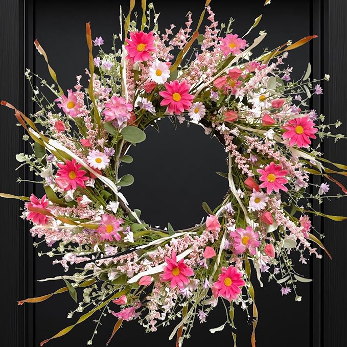 TEMPUS 24 Inch Artificial Spring and Summer for Front Door Wreath Pink Daisy and Lavender Wreath Garden Party Home Wall Wedding Decor