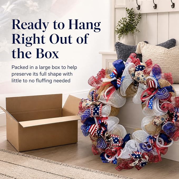250th Anniversary Patriotic Wreaths for Front Door, 28 Inch Extra Large 4th of July Wreath, Pre-Lit Layered Ribbon Design, Red White and Blue Memorial Day Decorations with Storage Bag