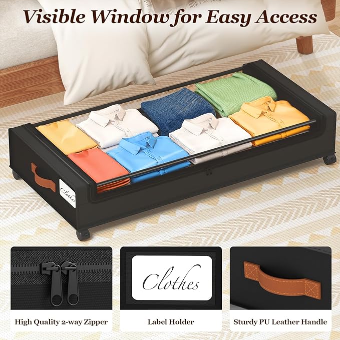 Yecaye 70L Under Bed Storage with Wheels, 3 Pack Larger Capacity Under Bed Storage Containers, Underbed Shoe Storage Organizer, Rolling Under Bed Metal Drawers for Clothes, Blankets, Black