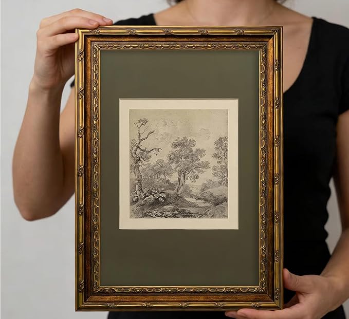 Vintage Gold Framed Wall Art Tree Forest Landscape Painting Canvas Prints Green Gray Tree Natural Sketch Picture Rustic Farmhouse Poster Artwork for Living Room Bedroom Bathroom, 16x24in