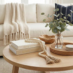 Decorative Fake Books Storage Set - 3-Piece Linen Coffee Table Decor (2 Faux Books + 1 Wood Bead Garland), Neutral Boho Japandi Room Styling Props for Bookshelf & Entryway (Khaki/Off-White)