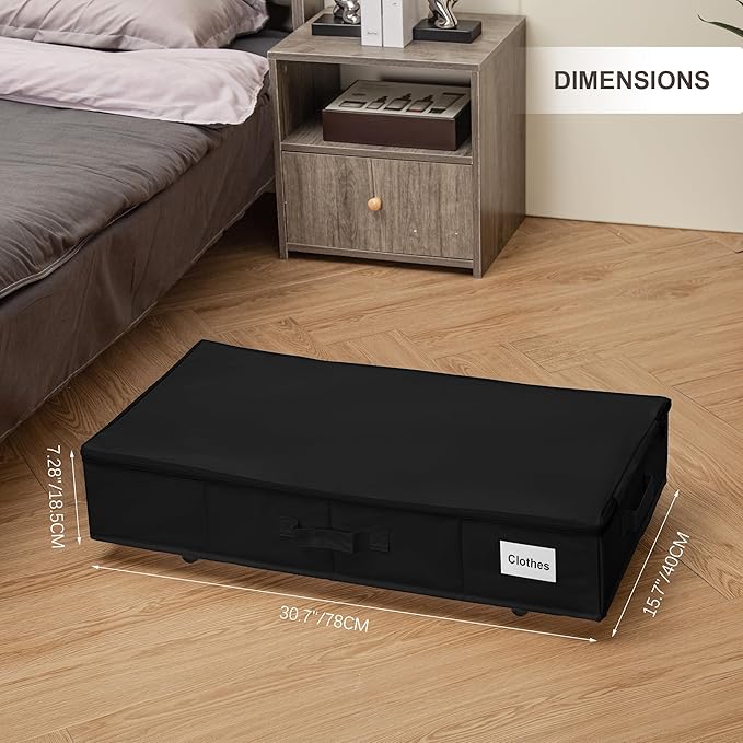 Under Bed Storage with Wheels, Rolling Under Bed Storage Containers with Label Holders for Clothes, Shoes and Blankets, Underbed Shoe Organizer with Cover, 2 Pack Black (30.71x15.7x7.28 in)