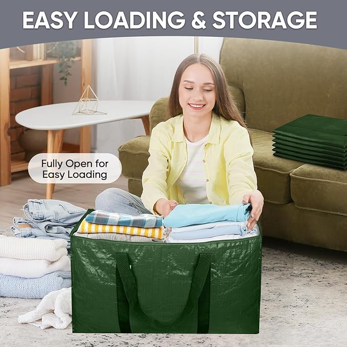 TICONN 2 Pack Extra Large Moving Bags Heavy Duty with Zippers & Carrying Handles, Durable Storage Bags Moving Boxes for Closet Organizers and Storage (2 Pack, Olive)
