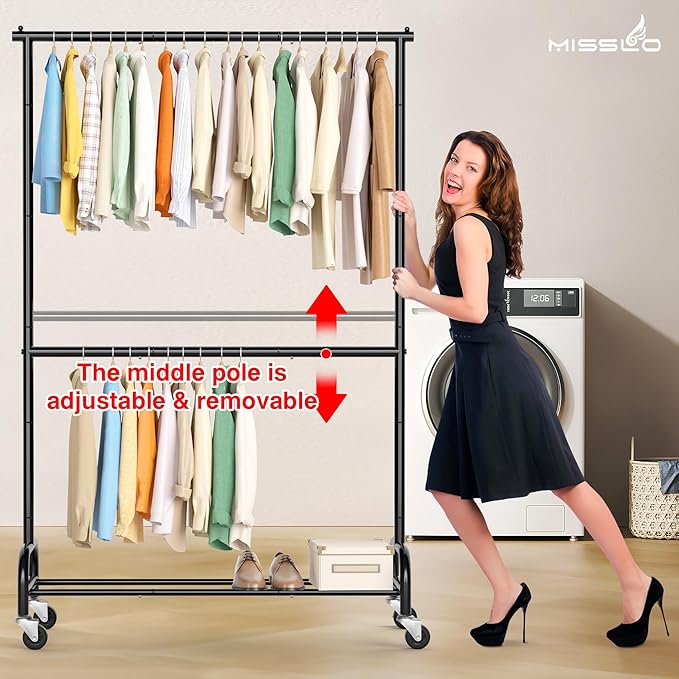 MISSLO Heavy Duty Clothes Rack for Hanging Clothes Rolling Clothing Rack Heavy Duty on Wheels for Coat, Garment, Matte Black (Double Rod)