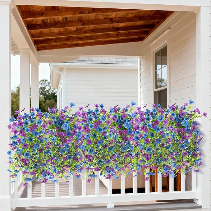 Artificial Faux Flowers Plants for Outdoor Spring Summer Decoration, 2 PCS Fake Silk Daisy Flowers No Fade UV Resistant Realistic for Outside Home Planter Porch Patio Balcony Yard Decor (Blue Purple)