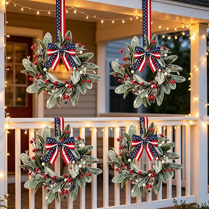 6 PCS Patriotic 4th of July Hanging Wreaths for Cabinets Small Independence Day Wreaths for Front Door with Red White Blue Berries & Lamb's Leaves Memorial Day Labor Day Mini Wreath for Home Decor