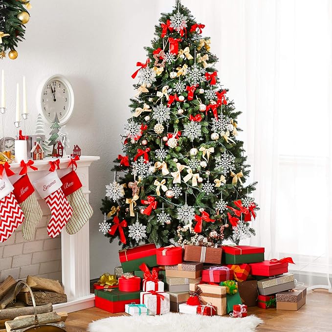Whaline 40Pcs Silver Glitter Snowflake Winter Snowflake Ornaments Christmas Hanging Decorations with 197 Inches Silver Rope for Wedding Birthday Home Xmas Tree Window Door Accessories