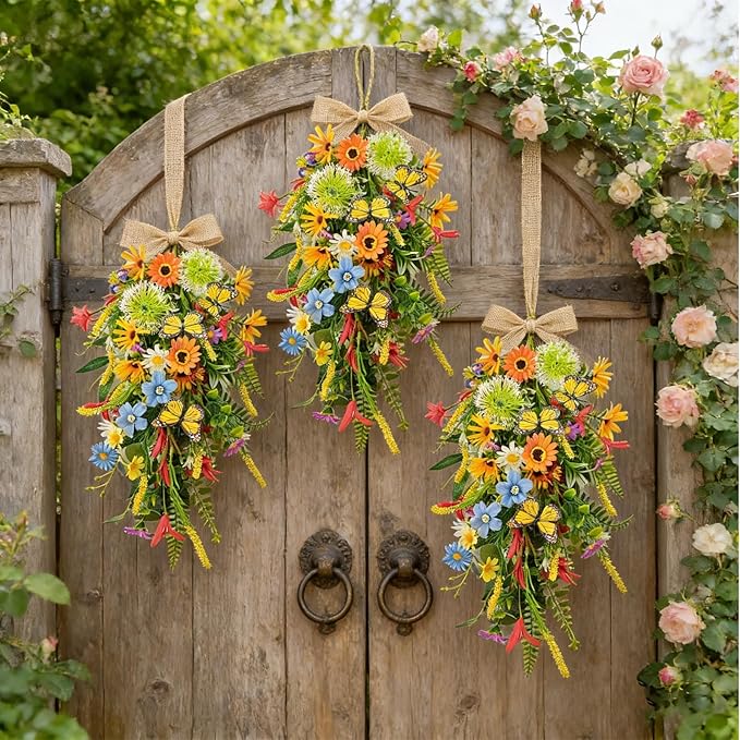 2 PCS 24'' Spring Summer Floral Teardrop Swags for Front Door Artificial Sunflowers Daisy Teardrop Swags Lavender Butterfly Swag Wreath Eucalyptus Hanging Swag for Farmhouse kitchen Cabinet Home Decor