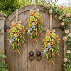 2 PCS 24'' Spring Summer Floral Teardrop Swags for Front Door Artificial Sunflowers Daisy Teardrop Swags Lavender Butterfly Swag Wreath Eucalyptus Hanging Swag for Farmhouse kitchen Cabinet Home Decor