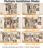 Closet Organizer System of 4 Sets with 3 Drawers, 9 Hanging Rods & 8 Shelves, 157" Walk in Closet System, Corner Closet Organizer, Modular Standalone Closet, White