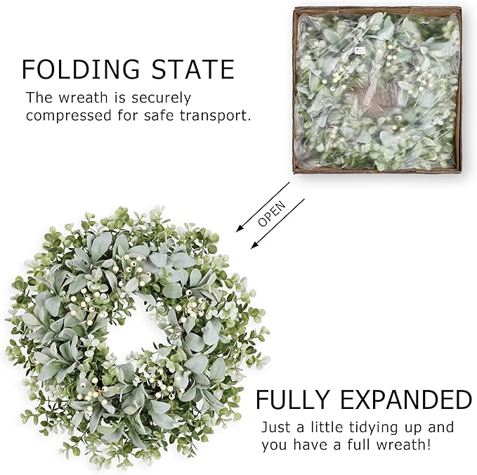 26 Inch Large Lambs Ear Wreaths for Front Door Spring Summer Lambs Leaves with White Berries, Artificial Greenery for Farmhouse Porch Wall Living Room Home Wedding Decor for All Seasons Wreaths